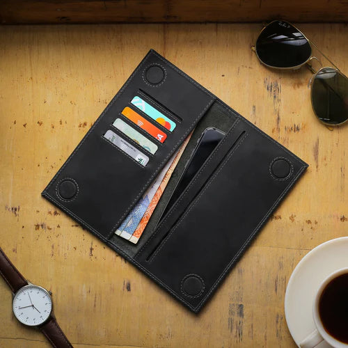 Classic Tan Leather Cheque Book Black Wallet by   BM7